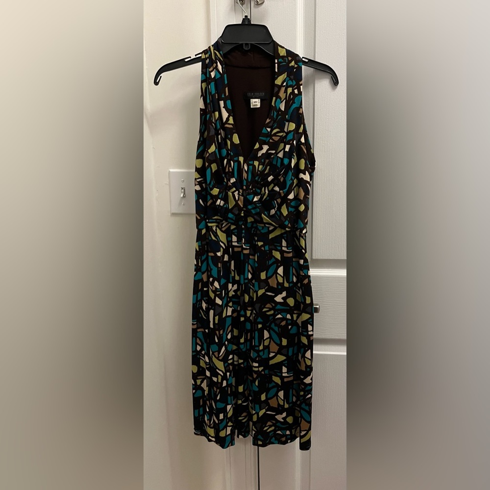 Halter dress, X-small, Midi, geometric print - brown, blue, green, cream.